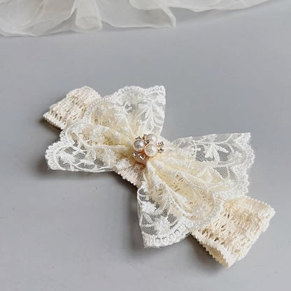 Baby Girls Hairband White Bow Lace Headbands Handmade Soft Stretchy Bowknot Hairbands Newborn Headband with Bows Pearls Elastic Head Band for Newborn Infant(Beige Embroidered Pearl Bow)
