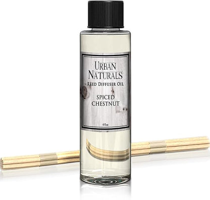 Urban Naturals Spiced Chestnut Oil Reed Diffuser Refill with Free Set of Reed Sticks – Comforting Autumn Scent of Chestnuts, Cinnamon, Clove and Cedar Wood – Vegan, 4 oz, Made in the USA