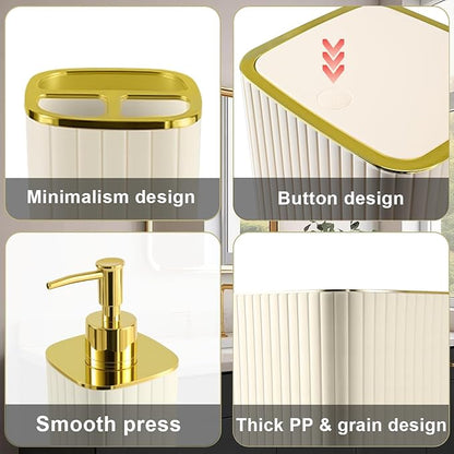 Bathroom Accessories Set-9PC Set, Complete Bathroom Decor & Home Decor, Bathroom Set with Toilet Brush, Trash Can, Soap Dispenser,Modern Home Bath (Beige&Gold, Bath Set)