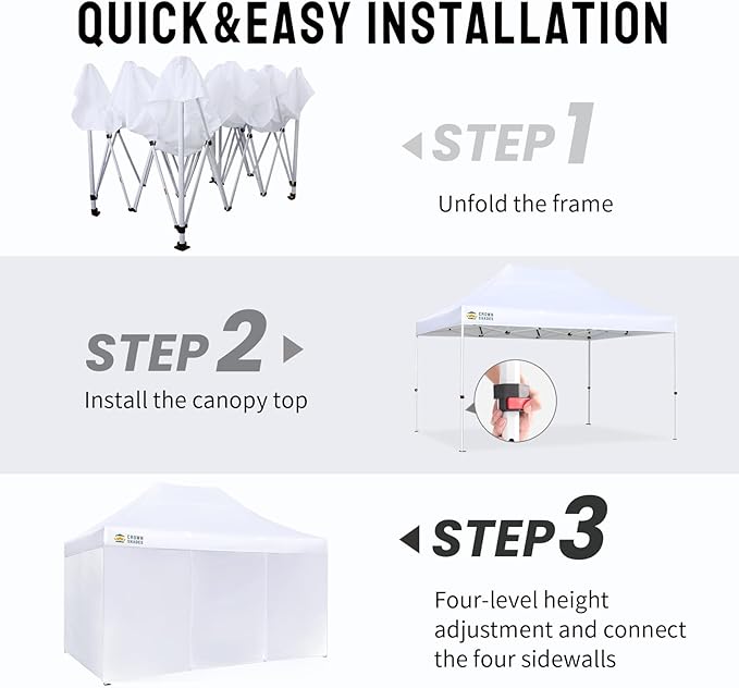 CROWN SHADES 10x15 Pop Up Canopy Tent, Thicken Frame Commercial Heavy Duty Tent, 4 Sidewalls 8 Stakes & 4 Sandbags & 4 Ropes, Outdoor Canopies for Events, Parties,White