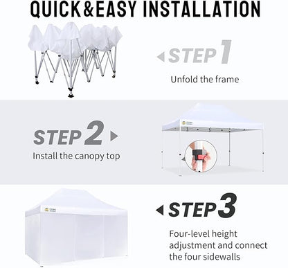 CROWN SHADES 10x15 Pop Up Canopy Tent, Thicken Frame Commercial Heavy Duty Tent, 4 Sidewalls 8 Stakes & 4 Sandbags & 4 Ropes, Outdoor Canopies for Events, Parties,White
