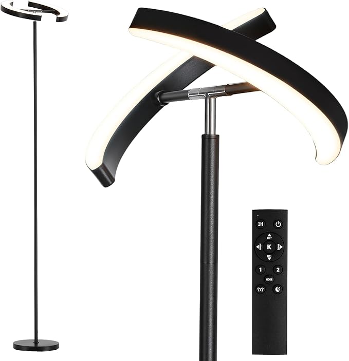SUNMORY Floor Lamps for Living Room, 28W/1600LM Bright LED Floor Lamp with Remote & 2 Rotatable Lights, 74" Dimmable Tall Standing Lamp, Modern Reading Torchiere Corner Lamp for Bedroom Office, Black