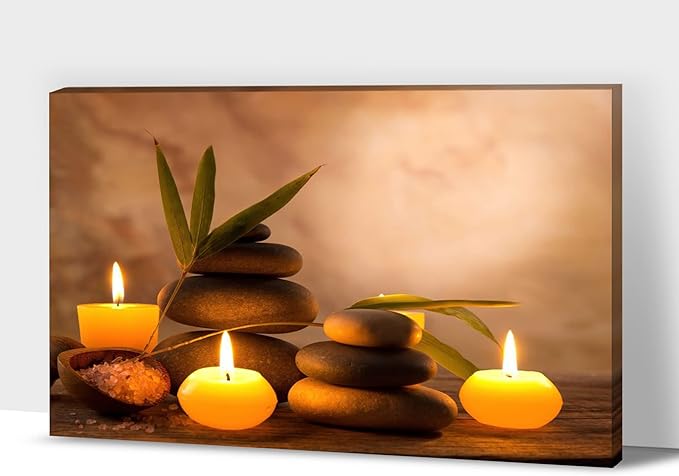 Zen Wall Art Decor, Modern Bathroom Zen Decor Wall Art, Zen Relaxing Canvas Wall Art for Spa Room Decor, Black Pebble and Lighted Candles Zen Art Prints for Office & Spa Wall Decor 12x18 Inches