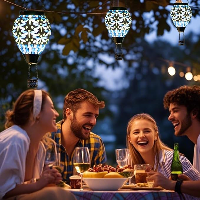Starsoul Mosaic Dragonfly Hot Air Balloon Solar Lantern Glass Outdoor Hanging Hot Air Balloon Solar Flickering Flame Light Waterproof Garden Patio Yard Party Decorations