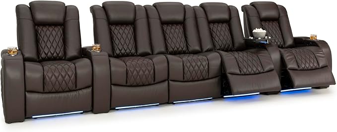 Seatcraft Diamante Zero-Gravity CoolZero Italian Leather Home Theater Seating, Power Headrest, Power Recline, Row of 5 Middle Sofa, Brown