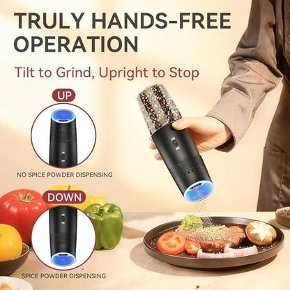 Gravity Electric Salt and Pepper Grinder Set, Automatic Shakers Pepper Mill with Rechargeable Base, External Adjustable Coarseness, LED Light, Easy Refill for Kitchen, Outdoor, Gift Giving(Black)