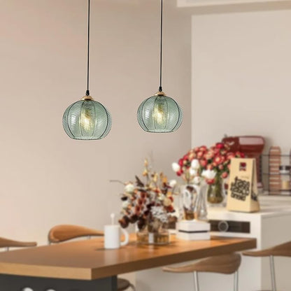 Green Pendant Light 7.8" Glass Globe Pendant Lighting Vintage Pendant Light Kitchen Island Lights Ceiling Hanging Ribbed Glass Chandelier Light Fixture for Dining Room Living Room Bedroom