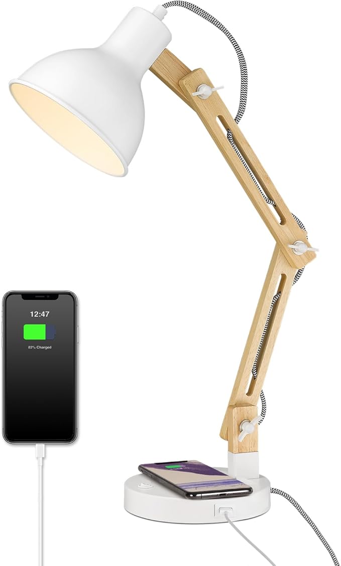 ELYONA White Desk Lamp with Wireless Charger, Solid Wood Table Lamp with USB C Charging Port, Swing Arm Reading Task Light with 5W LED Bulb for College Dorm, Office, Living Room, Bedroom, Farmhouse