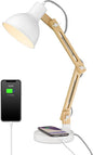 ELYONA White Desk Lamp with Wireless Charger, Solid Wood Table Lamp with USB C Charging Port, Swing Arm Reading Task Light with 5W LED Bulb for College Dorm, Office, Living Room, Bedroom, Farmhouse