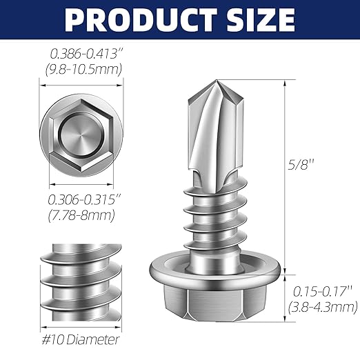 MewuDecor #10 x 5/8" (1/4" to 3" Available) Hex Washer Head Self Drilling Sheet Metal Screws with Drill Point, Stainless Steel 410, 100 PCS