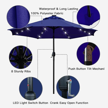 Sunnyglade 9' Solar LED Lighted Patio Umbrella with 8 Ribs/Tilt Adjustment and Crank Lift System (Navy Blue)