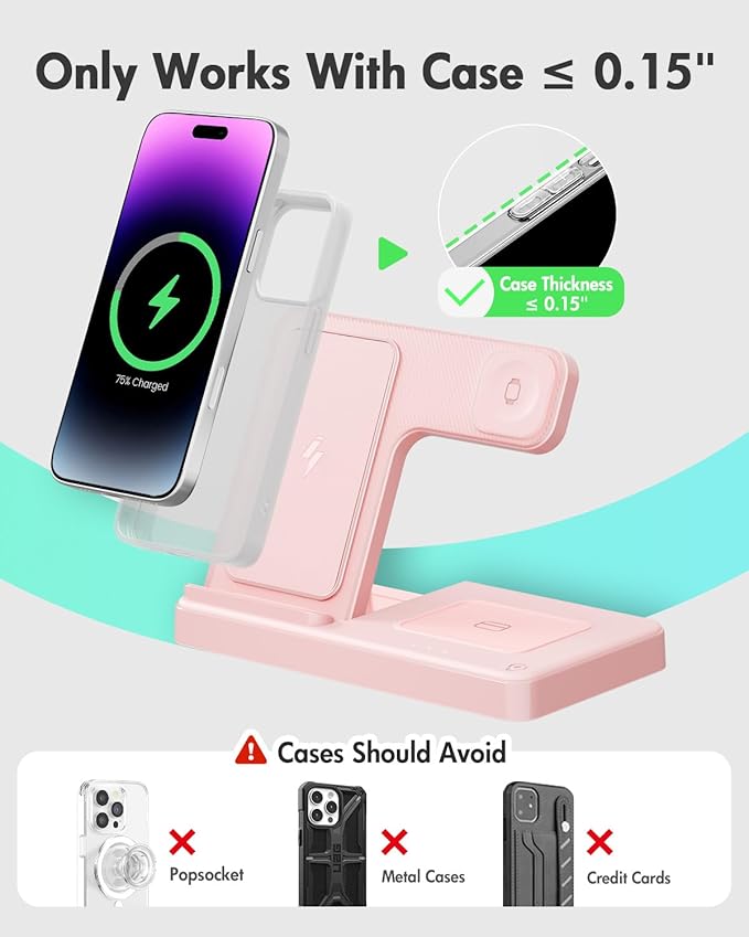 Wireless Charger Stand Charging Station: 3 in 1 Charger Stand Multiple Devices for Apple - iPhone 17 16e 16 15 14 Pro Max 13 12 - Watch 11 10 9 8 7 6 5 4 3 2 SE and Ultra Series-Airpods 4 3 Pro, Pink