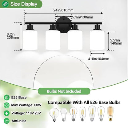 4-Light Bathroom Light Fixtures, Black Modern Vanity Lights with Milky White Frosted Glass Shades, Bathroom Wall Lamp for Mirror Kitchen Living Room