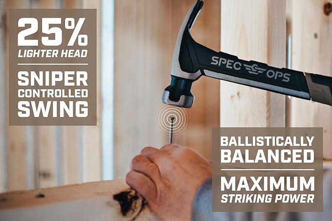 Spec Ops Tools Nailing Hammer, 16 oz, Rip Claw, Smooth Face, Shock-Absorbing Grip, 3% Donated to Veterans