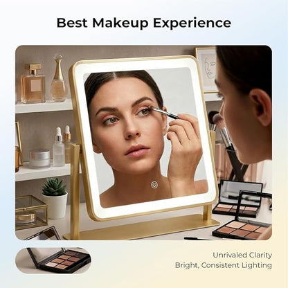 Vanity Mirror with Lights, 12"×14" Makeup Mirror with Lights, LED Makeup Mirror, Brightness Adjustable, Smart Touch with 3 Color Lighting Modes, for Bedroom Tabletop - Gold