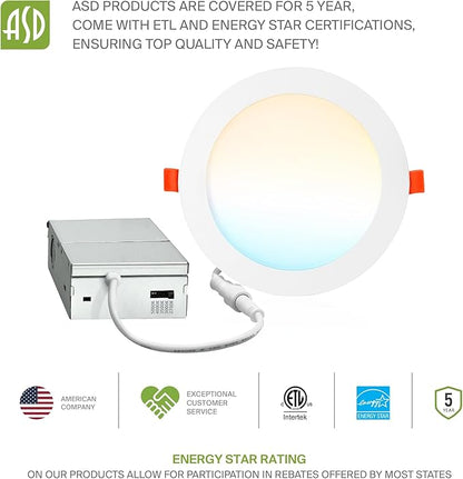 ASD 6 Pack LED Recessed Lighting 6 Inch 15W, 5 CCT 2700K-5000K CRI90+, IC Rated Ultra Thin Dimmable Ceiling Lights with J Box, Canless Wafer Downlight, Round Slim Panel Light, Energy Star ETL, White