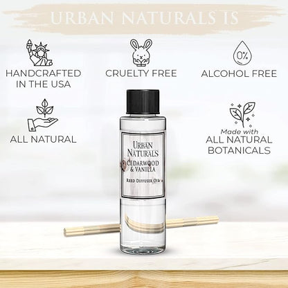 Urban Naturals Reed Diffuser Oil Refill, Cedarwood Vanilla Fragrance Oil with Oak, Cedar, Vanilla, 4 oz + Free Reed Sticks, Made in the USA