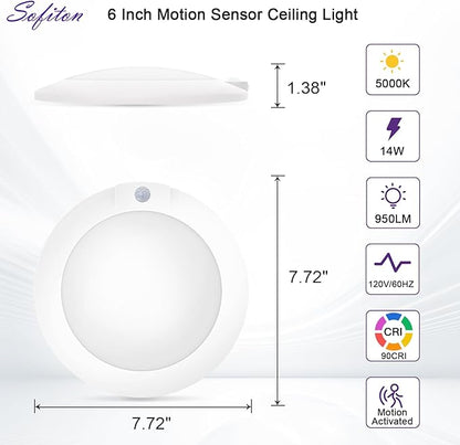 6 Inch Motion Sensor Ceiling Light Indoor, 180s Time Delay, 5000K, 14W 950LM, 120V LED Flush Mount Ceiling Light, ETL Certified, Wet Location - Closets, Hallway, Entryway, Pantry, 1Pack