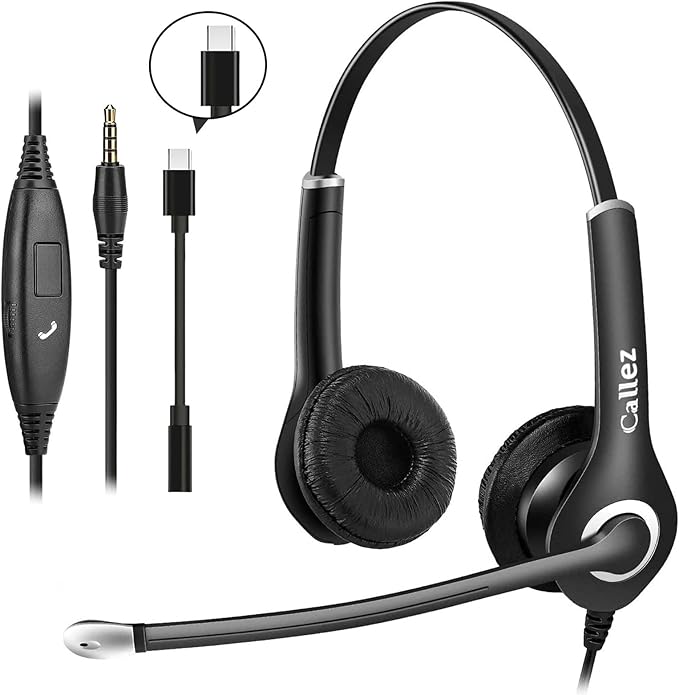 Callez Computer Headset, 3.5mm Cell Phone Headset with Mic Noise Cancelling, USB-C Wired Headphone for PC Laptop Mac iPhone Samsung Zoom Teams Call Center Home Office Work, in-line Controls