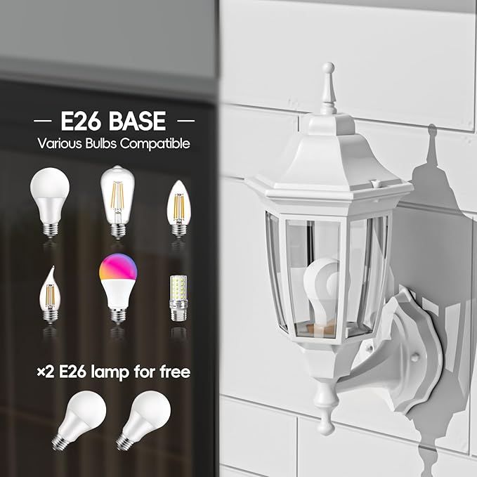 EMART Outdoor Front Porch Light, Exterior Anti-Corrosion, Waterproof Aluminum & Glass Shades Wall Lamp Fixture, Modern Sconce Lantern for Outside, House, Garage - 2 Pack, White （Bulb Included）
