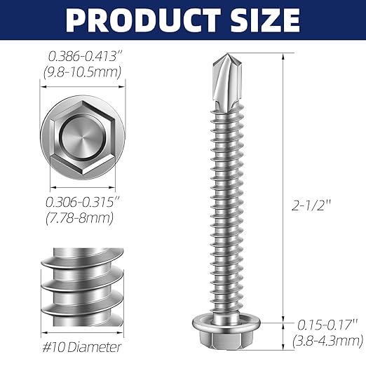 MewuDecor #10 x 2-1/2" (1/4" to 3" Available) Hex Washer Head Self Drilling Sheet Metal Screws with Drill Point, Stainless Steel 410, 50 PCS