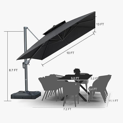 PURPLE LEAF 10' X 13' Double Top Cantilever Patio Umbrella Deluxe Large Outdoor Umbrella Rectangle Offset Umbrella with Fade Resistance for Garden Deck Pool Patio, Graphite Grey