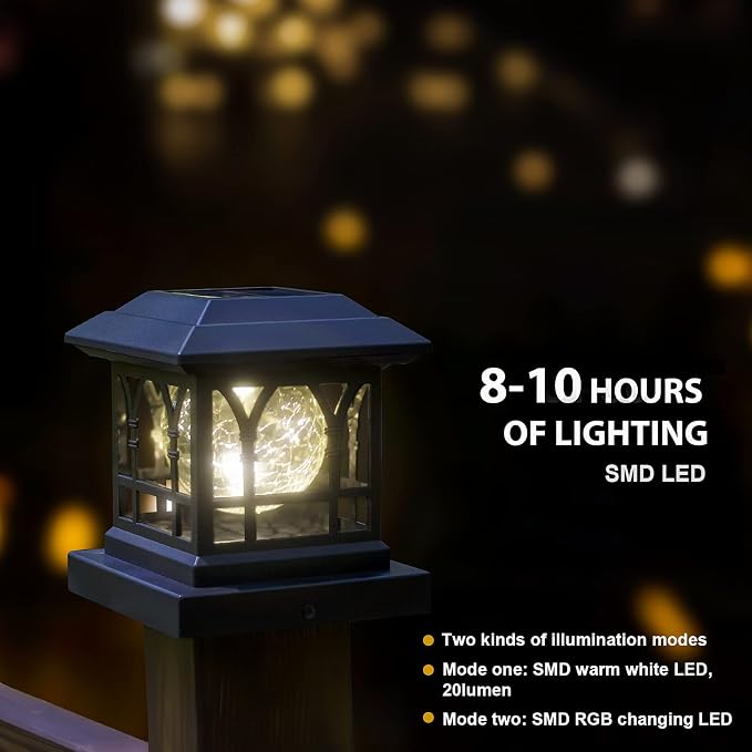 Solar Post Cap Lights, Warm White & RGB Automatic Cycling, Cracked Glass Bulb, 20 Lumens lP65 Waterproof Fit 3.6x3.6 4x4 4.5x4.5 5x5 Wood Fence Post Solar Powered Lights Black (1 Pack)