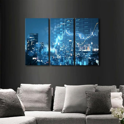 Rebotipy Smart City 3 Panels Wall Art Modern Abstract Poster Decor Big Data Forex Candlestick Chart Picture Printing for City Backdrop Living Room Decor Stretched and Framed Ready to Hang 24" Wx36 H
