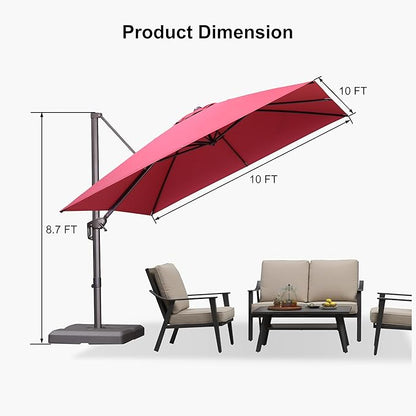 PURPLE LEAF 10' X 10' Patio Cantilever Umbrella with Base Included Square Outdoor Umbrella with 360° Rotation and Aluminum Offset Hanging for Garden Backyard Pool, Terra