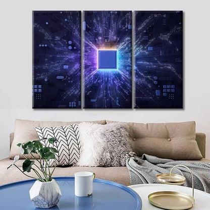 3 Panel Technology Science Artwork Canvas Wall Art Motherboard Digital Chip Posters and Prints Boys Bedroom CPU Concept Bathroom Decor Wall Art Print on Canvas Framed Ready to Hang (36"Wx24"H)