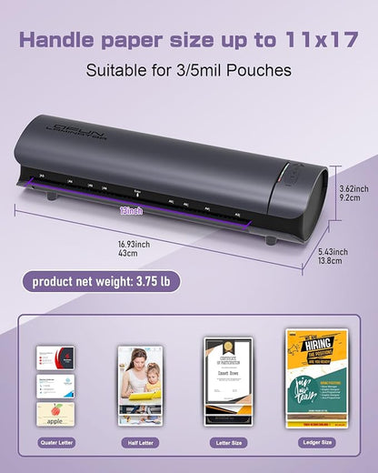 Office Presentation Laminator Machine 11x17 with Laminating Sheet A3/A4/A5, 3/5 Mil Thermal Cold Laminating Machine 13 inch Wide, 60s Warm-Up Office Presentation Laminator Machine (Gray)