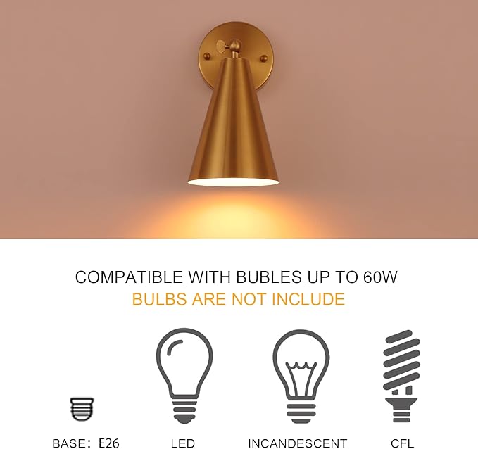 MWZ Gold Sconces Set of 2, Modern Brass Wall Sconces Lighting Fixtures with Metal Shade, Indoor Decor Wall Mount Swing Arm Lamp for Bedroom,Bedside,Kitchen,Hallway,Living Room,Reading,Bar