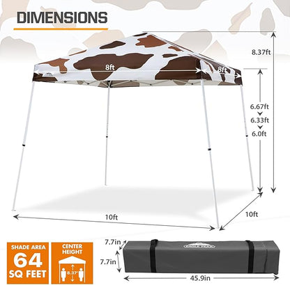 EAGLE PEAK 10x10 Slant Leg Pop-up Canopy Tent Easy One Person Setup Instant Outdoor Beach Canopy Folding Portable Sports Shelter 10x10 Base 8x8 Top (Brown Cow Print)