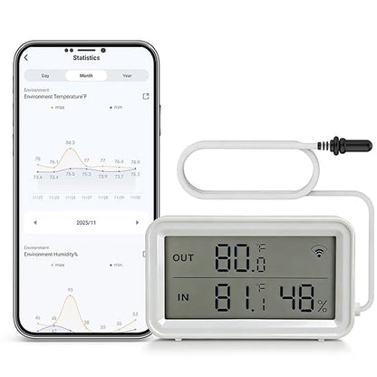 eMylo WiFi Thermometer Hygrometer, Digital Room Temperature Humidity Monitor Sensor with Probe, App Alert, LCD Display, Free Data Storage Export, for Home Kitchen Fridge Fish Tank Aquarium Reptile Tub