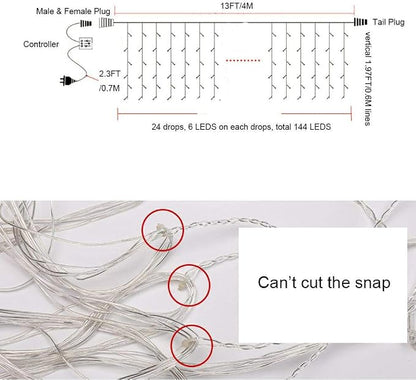ZIMINGU Icicle Dripping Lights, 13FT 144 LEDs 8 Modes Christmas Connectable Twinkle Window Curtain Fairy Waterfall Diwali Ceiling String Lights for Outdoor Indoor Decorations (Cool White, 4X0.6M)