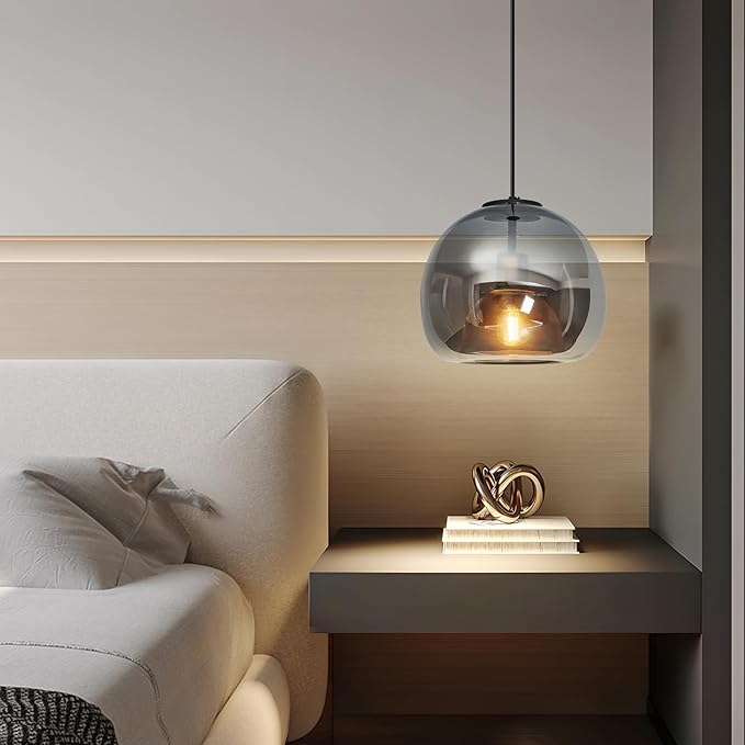 1-Light Mirror Gray Glass Pendant Lights Kitchen Island Black Hanging Light Fixture 9.84" Glass Globe Pendant Light Modern Pendant Lighting for Kitchen Island Bedroom Dining Room
