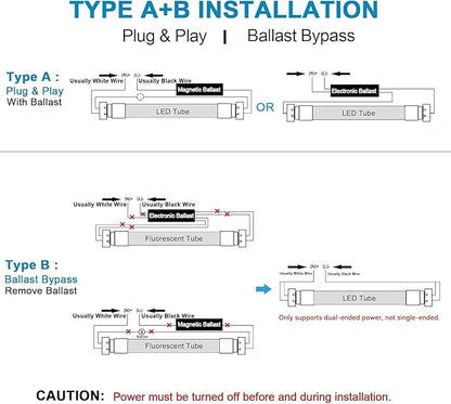 JESLED 4FT T8 LED Type A+B Tube Light Bulbs, 24W 5000K 3200LM, Plug and Play or Ballast Bypass, 4 Foot T12 LED Replacement for Flourescent Tubes, Dual-end Power, Clear, Warehouse Shop Lights (12-Pack)