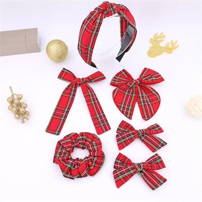 Sugarmelon Set of 6 Tartan Bow Hair Clips for Baby Girl and Mom Women Plaid Headbands Scrunchies Scottish Tartan Hair Bows for School Girls (6 pcs Tartan Red)