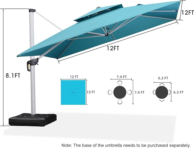 PURPLE LEAF 12 Feet Double Top Deluxe Square Patio Umbrella Offset Hanging Umbrella Cantilever Outdoor Market Umbrella Garden Turquoise Blue