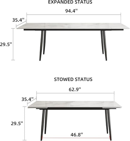Extendable Dining Table (62.9" to 94.4") for 6 to 10 - Modern Rectangular Sintered Stone Table with High Hardness and Easy Maintenance - Stylish White