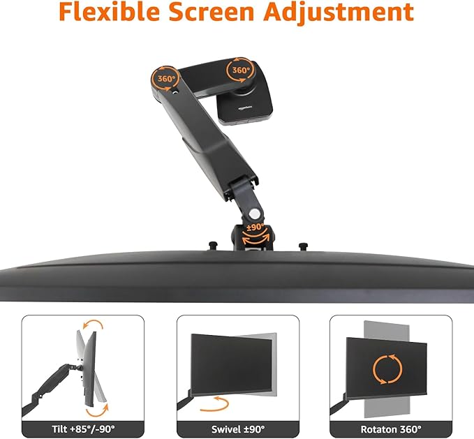 Amazon Basics Gas Spring Single Computer Monitor Arm Mount, Adjustable, Holds up to 27" Monitors, Black