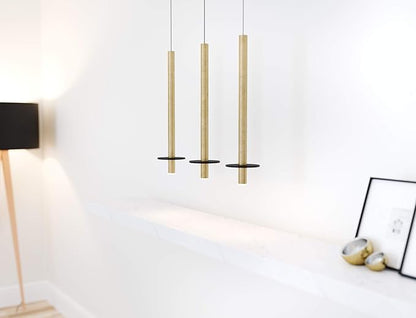 Draco 3 Pendant Lighting Brass – LED Hanging Light Fixture for Kitchen Island, Bar, Foyer – Equilateral Cluster of Mini Metal Rod Pipe Tube Cylinders – Dimmable, Adjustable Wire, Lamp Bulb Included