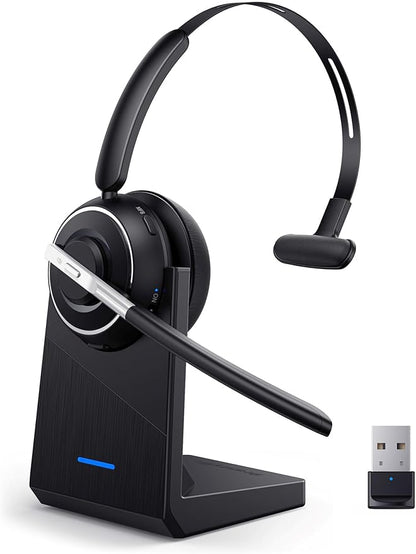 Bluetooth Headset, Wireless Headset with Microphone for PC, V5.2 Computer Headset with Noise Cancelling Mic, USB Dongle, Charging Base & Mute Button for Work, Cell Phones, Computer (Black)