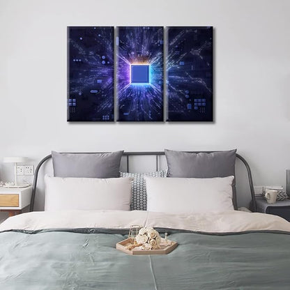 3 Panel Technology Science Artwork Canvas Wall Art Motherboard Digital Chip Posters and Prints Boys Bedroom CPU Concept Bathroom Decor Wall Art Print on Canvas Framed Ready to Hang (36"Wx24"H)