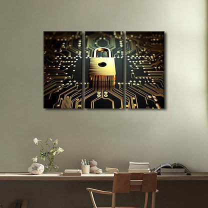 3 Panel Modern Wall Art Data Security Concept Pictures Print on Canvas for Living Room Bedroom Bathroom Wall Decoration, Wooden Framed Gallery-Wrapped Ready to Hang, 36" Wx24 H