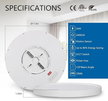 12in Motion Sensor LED Ceiling Light Wired, 2700K/3000K/3500K/4000K/5000K Dimmable 24W Round Flush Mount Lighting Fixture for Closet Stairwell Hallway Laundry Porch, ETL Listed, White