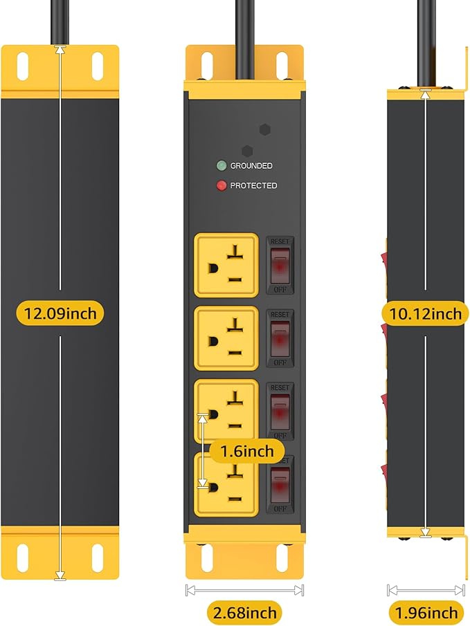 CCCEI Heavy Duty Surge Protector Power Strip 20 Amp Individual Switches. 20FT 12 Gauge Extension Cord with Multiple Outlets. Kitchen, Garage, Shop, Industrial Wall Mount Electric Extender, Yellow.
