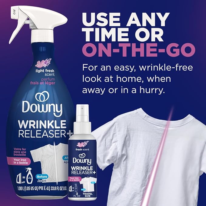 Downy Wrinkle Releaser Spray, Travel Size Spray + 16.9 Fl Oz Pack of 2, All In One Formula, Removes Wrinkles, Static and Odors, Light Fresh Scent