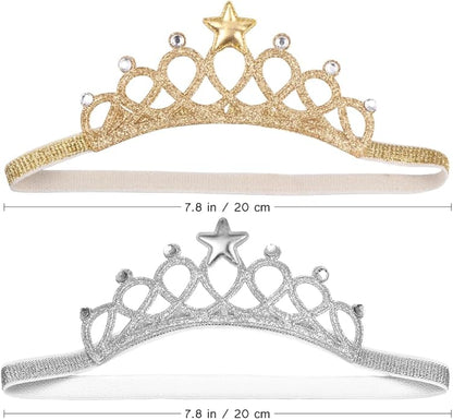 Beaupretty 2PCS Baby Girls Crystal Crown Tiara Hair Belt Headband Soft Headwrap Princess Headpiece Children Hair Accessories for Birthday Party, Photography (Silver+Gold)