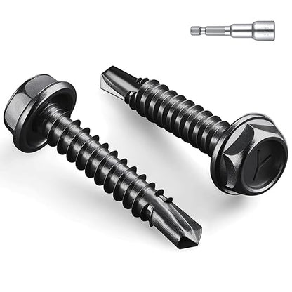 #14 x 1-1/4 Inch Self Drilling Screws, (117pcs) 2 lbs Black Self Tapping Screws for Metal, 410 Stainless Steel Hex Washer Head Sheet Metal Screw